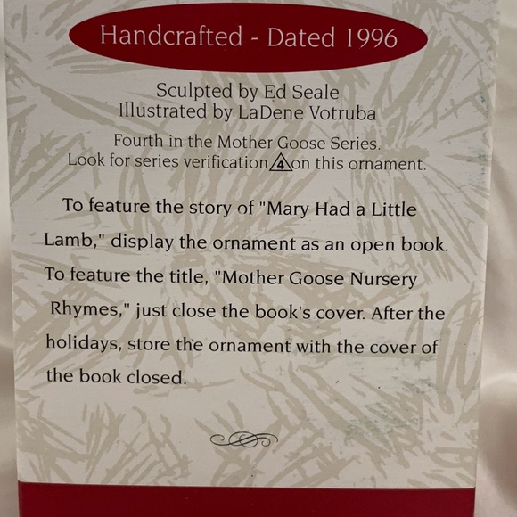 SIGNED 1996 HALLMARK Keepsake Ornament MOTHER GOOSE Mary Had a Little Lamb - Picture 3 of 8